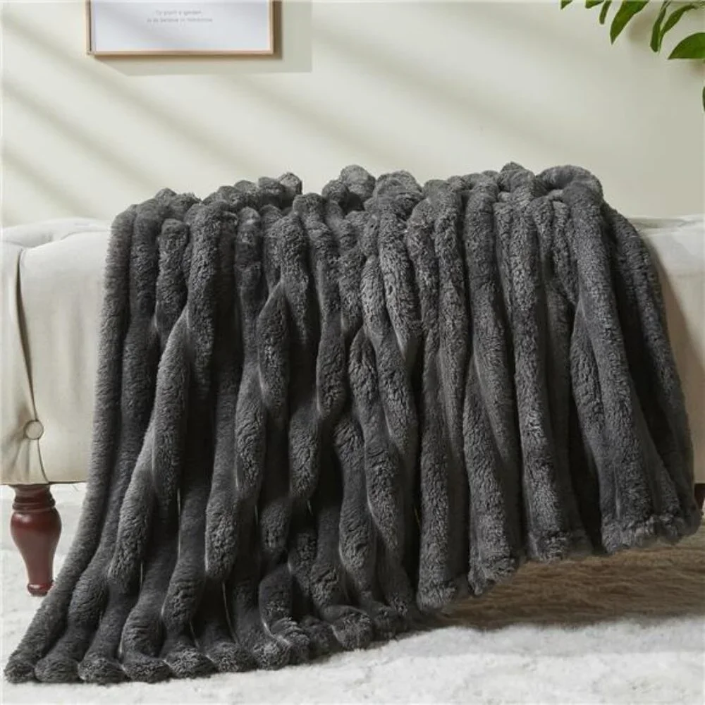 Super Soft Throw Blanket Grey Premium Silky Flannel Fleece Ribbed 50